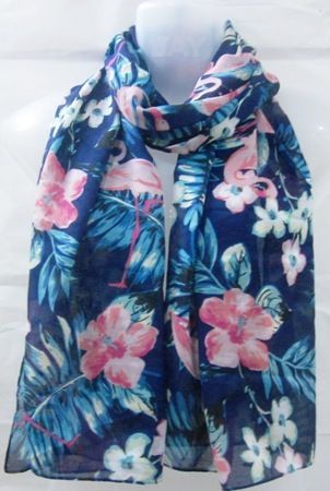 Blue & Pink Poly Voile Floral Printed Scarf