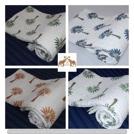 Handmade Block Print 100% Cotton Fabric Kantha Quilt Queen Multi Color