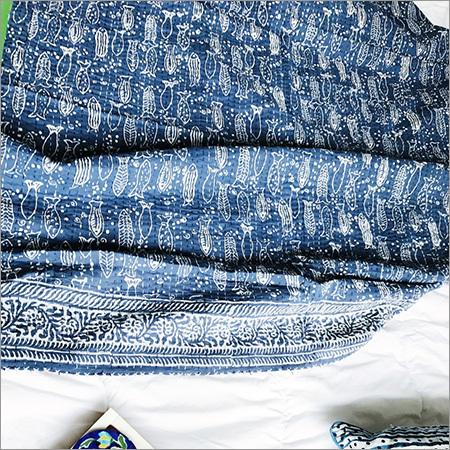 Washable Indigo Blue Kantha Bedspread