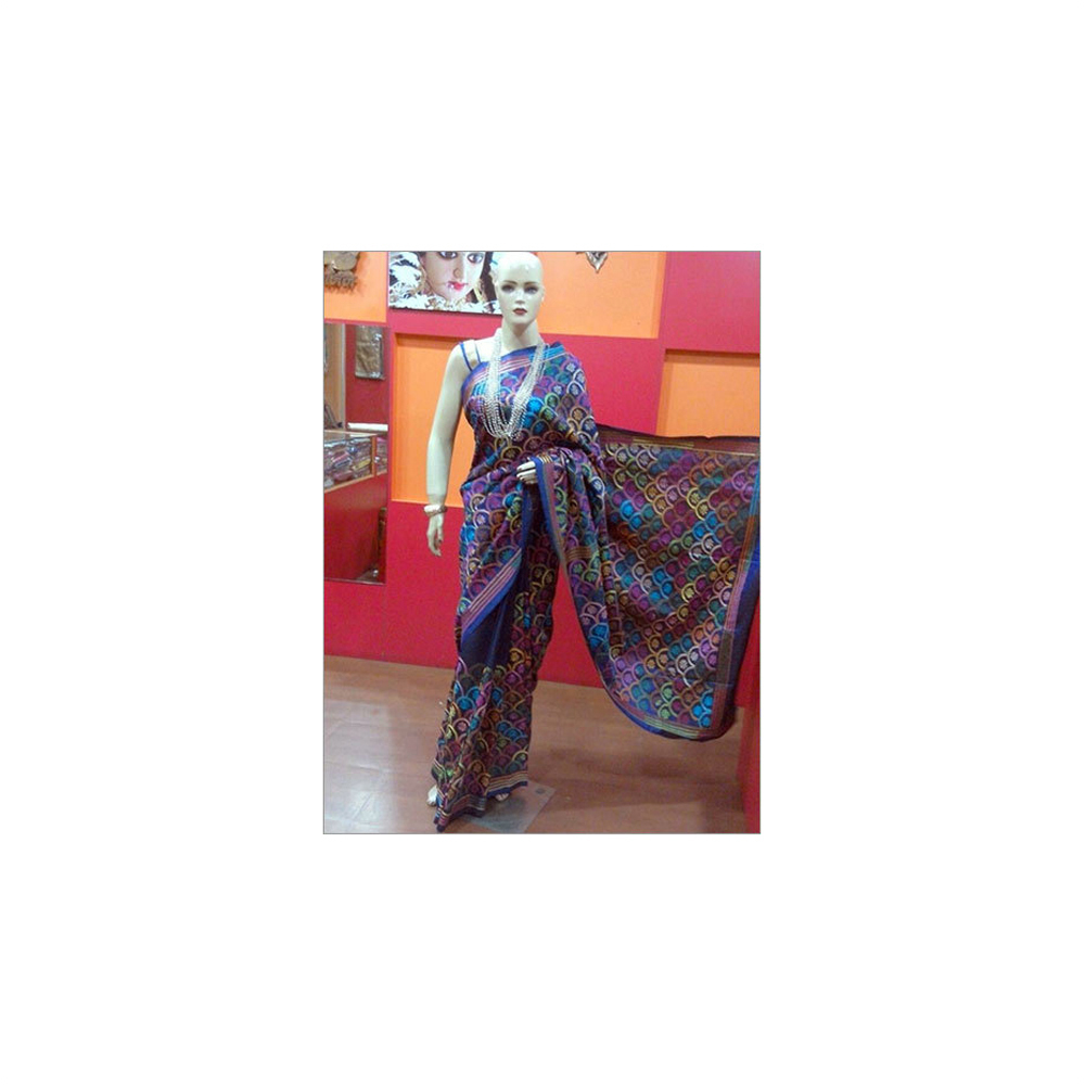 Kantha Stitch In Bangalore Silk (blue) With Blouse