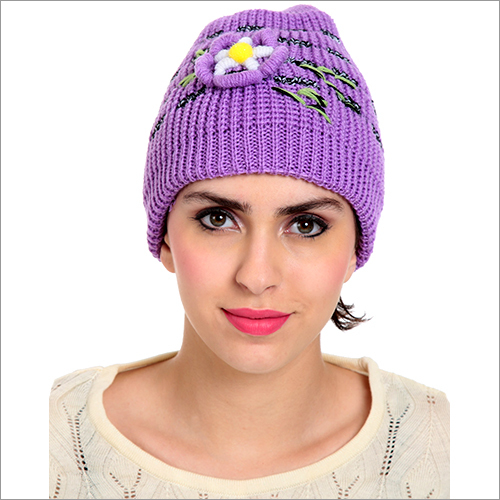 Women Caps - Wool, One Size, Purple | Embroidered Floral, Soft Fabric, Warm Comfort