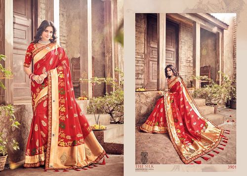 Red Banarasi Silk Saree - Heavy Embroidery & Floral Zari Work, Matching Blouses Included