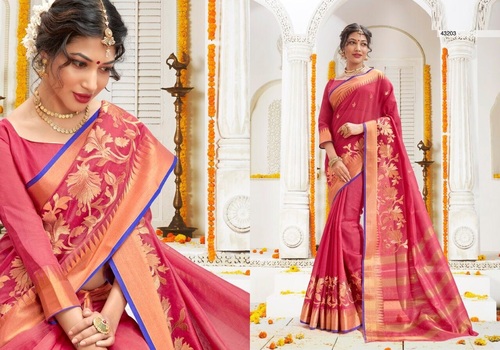 Weaving Silk Designer Saree - Floral Zari Work, Customizable Size 36-42, Pink with Matching Blouse