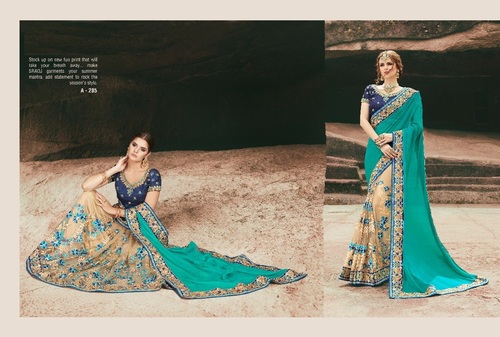 Designer Saree - Chiffon & Net Fabric, Sky Green & Cream Colors | Heavy Embroidery, Zari Work, Customizable Blouse