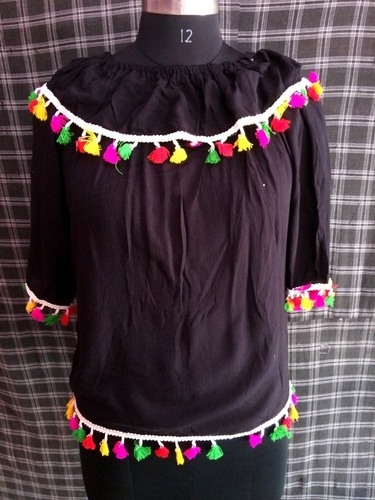 Black Top With Tassels - Viscose Fabric, Available Sizes M/L/S/XL, Elegant Black Design , Full Sleeves for All Seasons