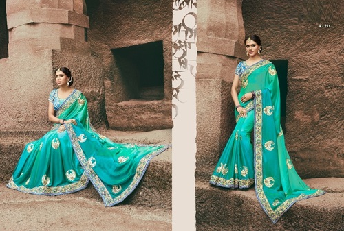 Fancy Designer Chiffon Saree - Shaded Green Colour, Luxurious Chiffon Fabric, Embroidered Detailing, Heavy Lace Border Work, Customizable Sizes 36-42