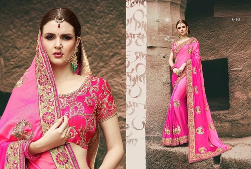 Chiffon Designer Saree - Customizable Sizes 36 to 42, Magenta Shade with Embroidery, Thread Zari Work, and Heavy Lace Border