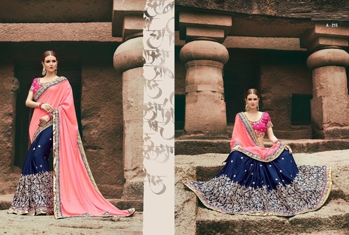 Chiffon Designer Saree - Peach & Blue, Embroidery & Zari Butti Work, Heavy Lace Border, Customizable Blouse