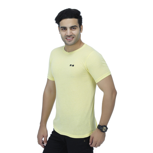 T-Shirts - Polyester Fabric, O-Neck Collar, Yellow Color - Short Sleeve Style, Plain Pattern for Men