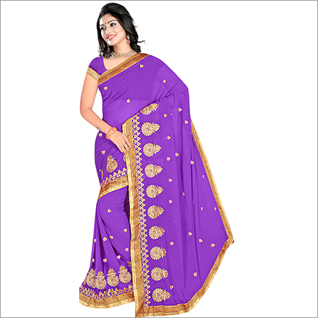 Ladies Georgette Saree - 5.5 Mtr Length, Light Purple Color | Bollywood Style, Embroidered Resham Zari Work, Lightweight Fabric, Easy Care, Available in Multiple Colors