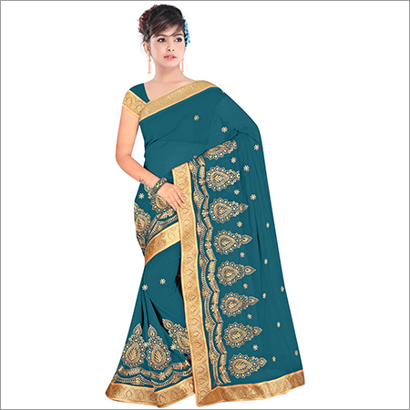 Green Ladies Georgette Designer Saree