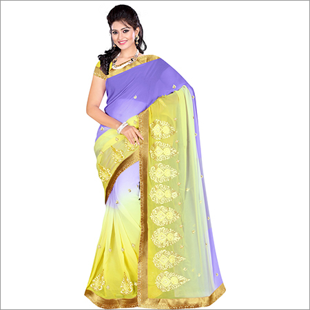 Purple & Yellow Ladies Designer Georgette Pedding Saree