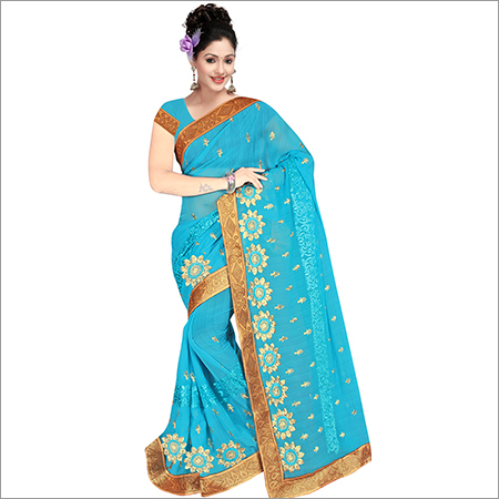 Ladies Designer Saree - Georgette Fabric, 5.5 Mtr Length, Light Blue Color | Embroidered Zari, Dhaga & Resham Work, Bollywood Style