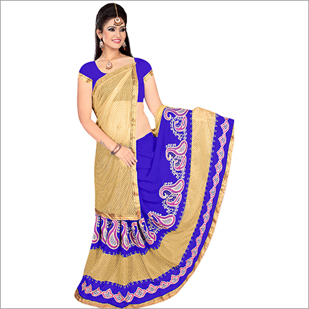 Yellow & Blue Ladies Sathgram Georgette Lycra Saree