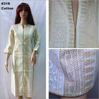 Handloom Cotton Kurtis - Cotton, Knee-length , V-neck, Three-quarter Sleeves, Embroidered Pattern, Elegant Casual Wear
