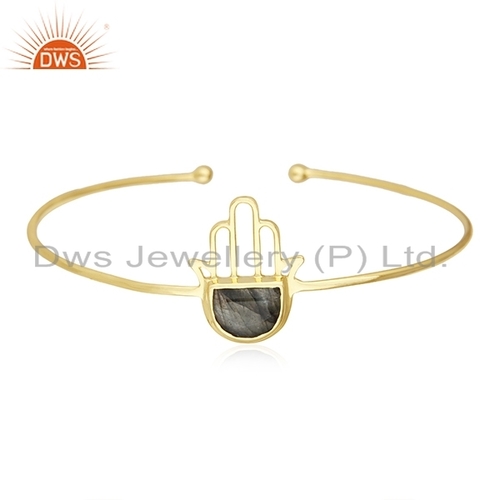 Handmade Yellow Gold Plated 925 Silver Cuff Bracelet - 2.5 Inch Size, Natural Labradorite Gemstone Hamsa Charm