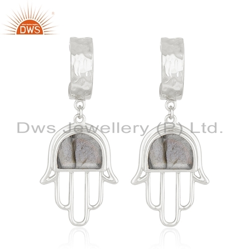Sterling Silver Hamsa Charm Earrings - 38x16 mm, 6.16 Grams Natural Labradorite Gemstone Designer Jewelry