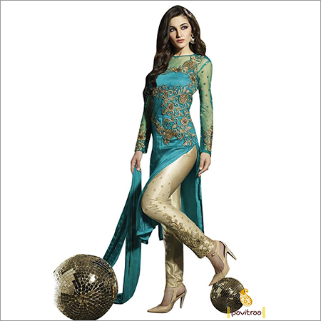 Blue And Golden Ladies Designer Suit