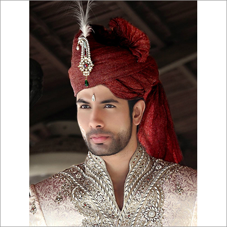 Men's Turban - Cotton Silk Blend, Red Color with Embellishment | Lightweight, Washable, Tear and Shrink Resistant