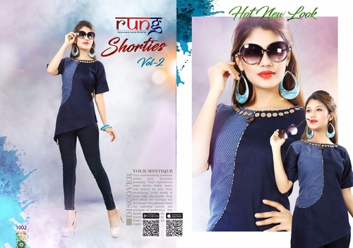 Printed Fancy Cotton Kurti For Girls - Satin Cotton XXL Navy Blue, Stylish Soft Comfortable