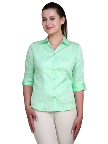 Ladies Formal Shirt - Cotton, Size: S, M, L, XL, Light Green, Classic Collar, Short Sleeves, Plain Style | Perfect for Office and Formal Events