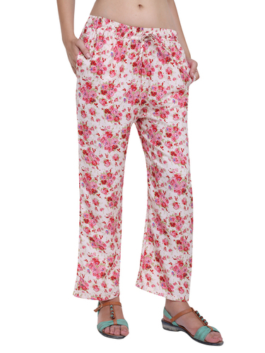 Ladies Printed Palazzo - Crepe Material, Sizes L, M, XL, Pink Flower Color | Casual Wear, Washable, Stylish Printed Design