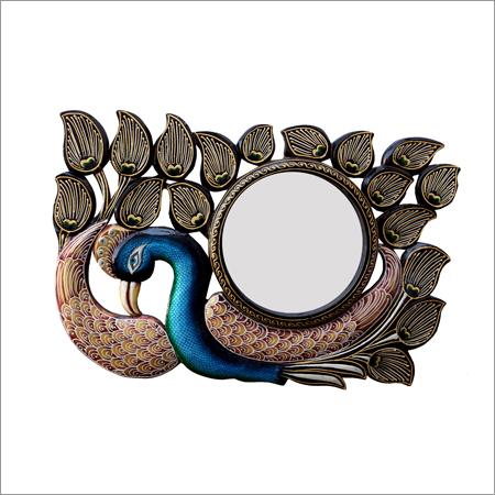 Peacock Shape Multi-Color Mirror Frame - Metal, Rectangular, Blue and Golden Finish | Stylish Design for Home and Hotel Decor