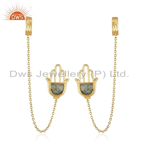 Labradorite Hamsa Charm Ear Cuff Earring Size: 115 X 16 Mm