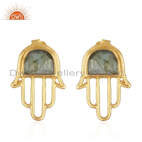 Natural Labradorite Gemstone Gold Plated Hamsa Hand Stud Earrings Jewelry Size: 22 X 15 Mm