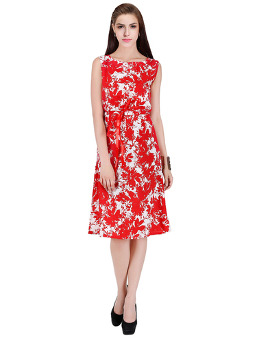 Ladies Dress - Crepe, Size L/M/S/XL, Red | Sleeveless, Western Style, Washable, Printed Design