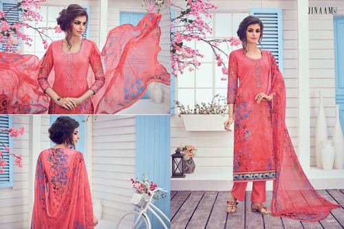 DYED COTTON PRINTED DRESS MATERIALS WITH CHIFFON DUPATTA