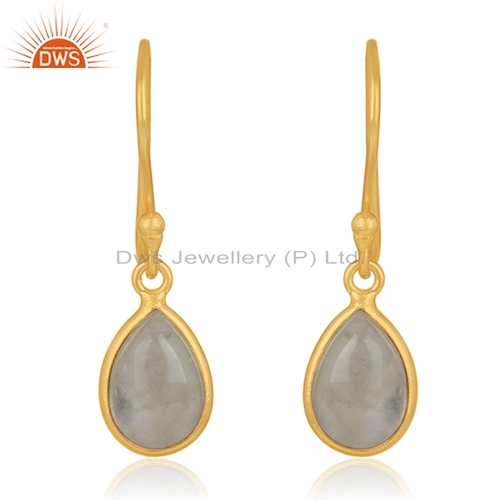 Gold Plated Sterling Silver Earrings - 29x9 mm Size, 1.95 Grams Weight | Rainbow Moonstone Gemstone Jewelry for Women