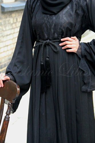 Islamic Abaya - Silk, Full Length 53.5 inches, Black | Plus Size, Breathable, Embroidered Lace Decor, Perfect for Summer & Winter