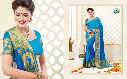 Ladies Saree - Silk Tissue Fabric, Red and Cream Color Combination | Elegant Golden Resam Embroidery, Designer Blouse Included