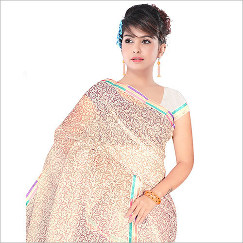 Cotton Sarees - Off White 5.5 Mtr with Matching Blouse 0.8 Mtr | Printed Pattern, Suitable for All Seasons, Bollywood Style