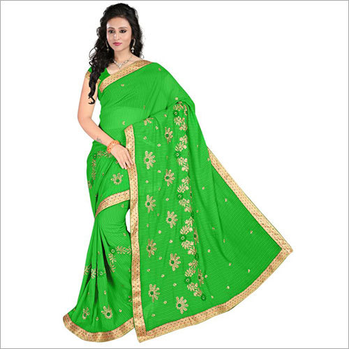 Bollywood Style Saree - Net Jacquard Fabric, 5.5 Mtr Green Saree with Zari Work and Lace Closure | Embroidered Pattern, Versatile for All Seasons