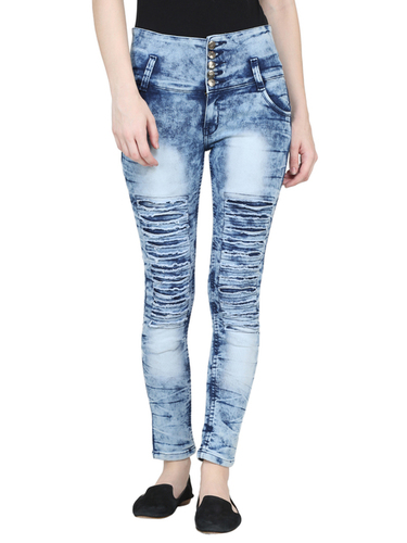 LADIES HIGH WAIST JEANS - Denim Material, Slim Fit 30-36 Waist Size, Light Blue Color, Shredded Pattern - Stylish Skinny Design for Modern Women