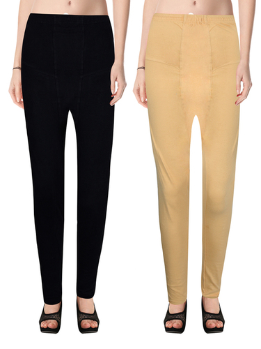 LADIES DOUBLE MIYANI LEGGING - Cotton Blend, Available in L, M, XL | Skin and Black Colors, Plain Pattern Design for Everyday Comfort