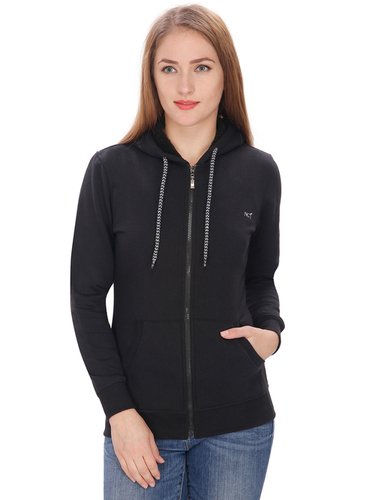 LADIES FANCY HOODED SWEAT SHIRTS - Woolen Material Sizes L/XL/M | Black Full Sleeves Washable Plain Pattern for Winter Wear