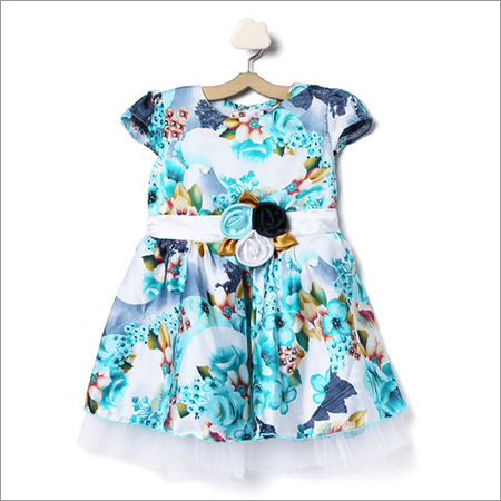 Allover Printed Dress With Attached Flower - Blue