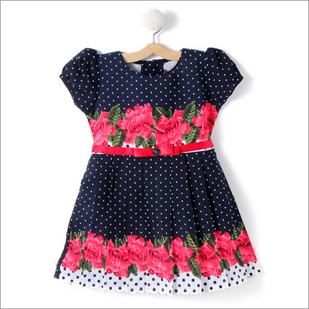Puff Sleeves Georgette Dress With Ribbon Belt At Front.