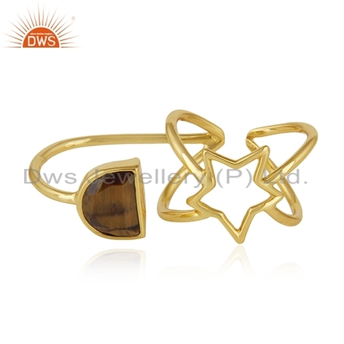 Tiger Eye Gold Plated Double Finger Ring