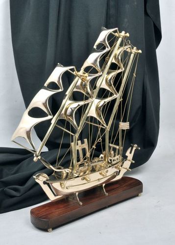 Ship - Brass and Wood, Gold Finish | Intricate Design, Collectible Showpiece, Elegant Durable Gift