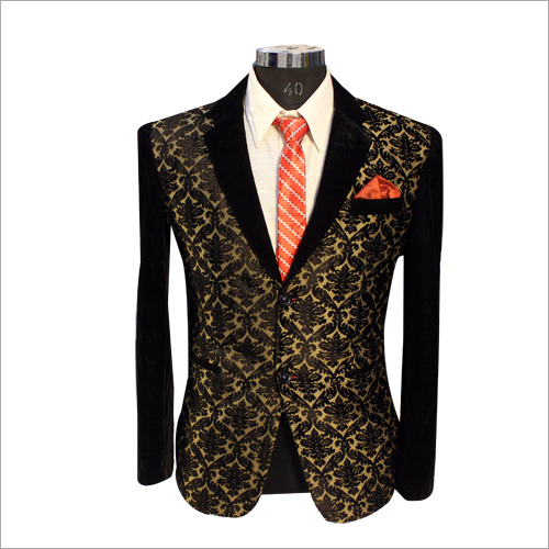 Mens Velvet Blazer - Silk Material, Black Color, Straight Collar | Embroidered Flower and Leaf Patterns, Anti-Wrinkle, Water-Proof, Long Sleeve, Perfect for Ceremonies and Parties