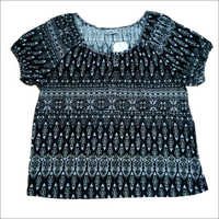 Girls Casual Tops - Woolen Fabric, Short Sleeve, Dark Blue And White, Embroidered Pattern | Voguish Design For A Classy Look, Soft Feel, Perfect With Skirts And Sandals