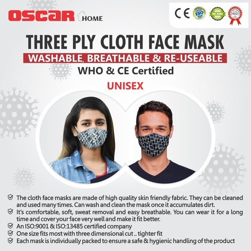 Three Ply Cloth face Mask washable & re-useable CE/WHO certified - UNISEX