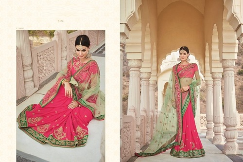 Pink & Light Green Embroidered Work Designer Net Sarees