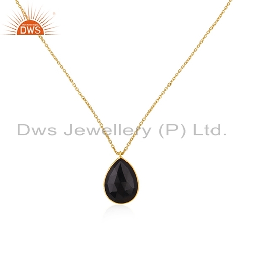 925 Sterling Silver Gold Plated Natural Black Onyx Gemstone Pendant - 30x19 mm Size, 16 Inch Chain Length, Elegant Girls Jewelry