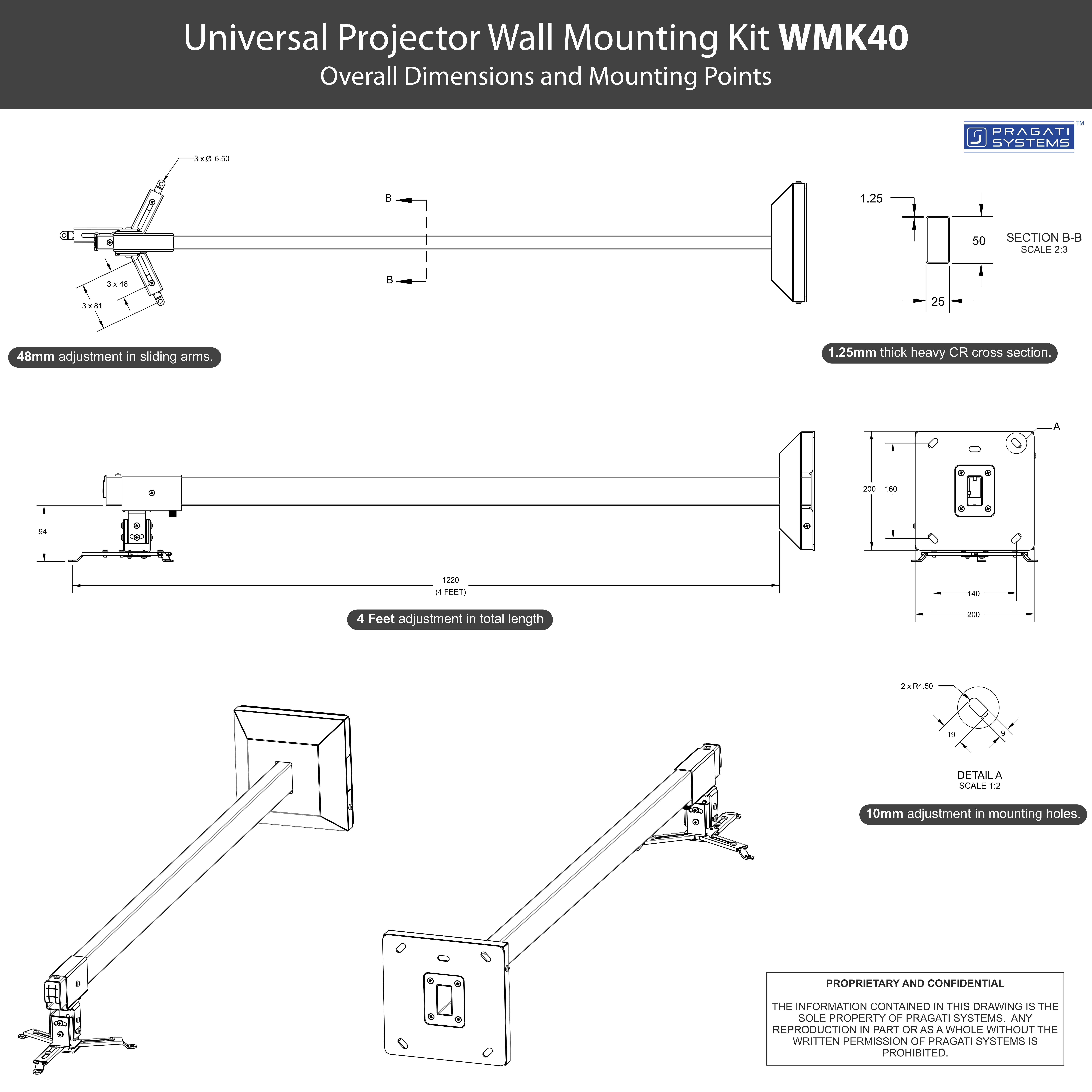 Universal Extendable Projector Wall Mount (4 Feet)