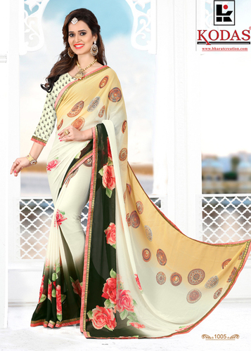 Printed Saree - Georgette, 6 Mtr Length | Multi Color, Shaded Printed Design with Laces Border for Casual, Party, and Festive Wear